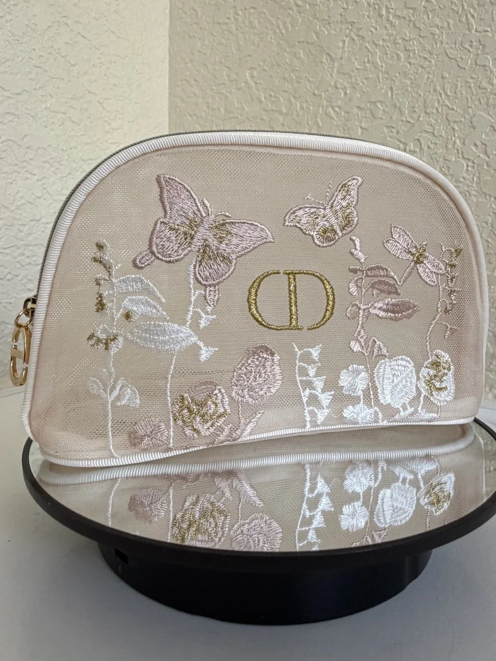 Dior Embroidered Butterfly Cosmetic Pouch - Cream & Gold and Gift Bag GWP